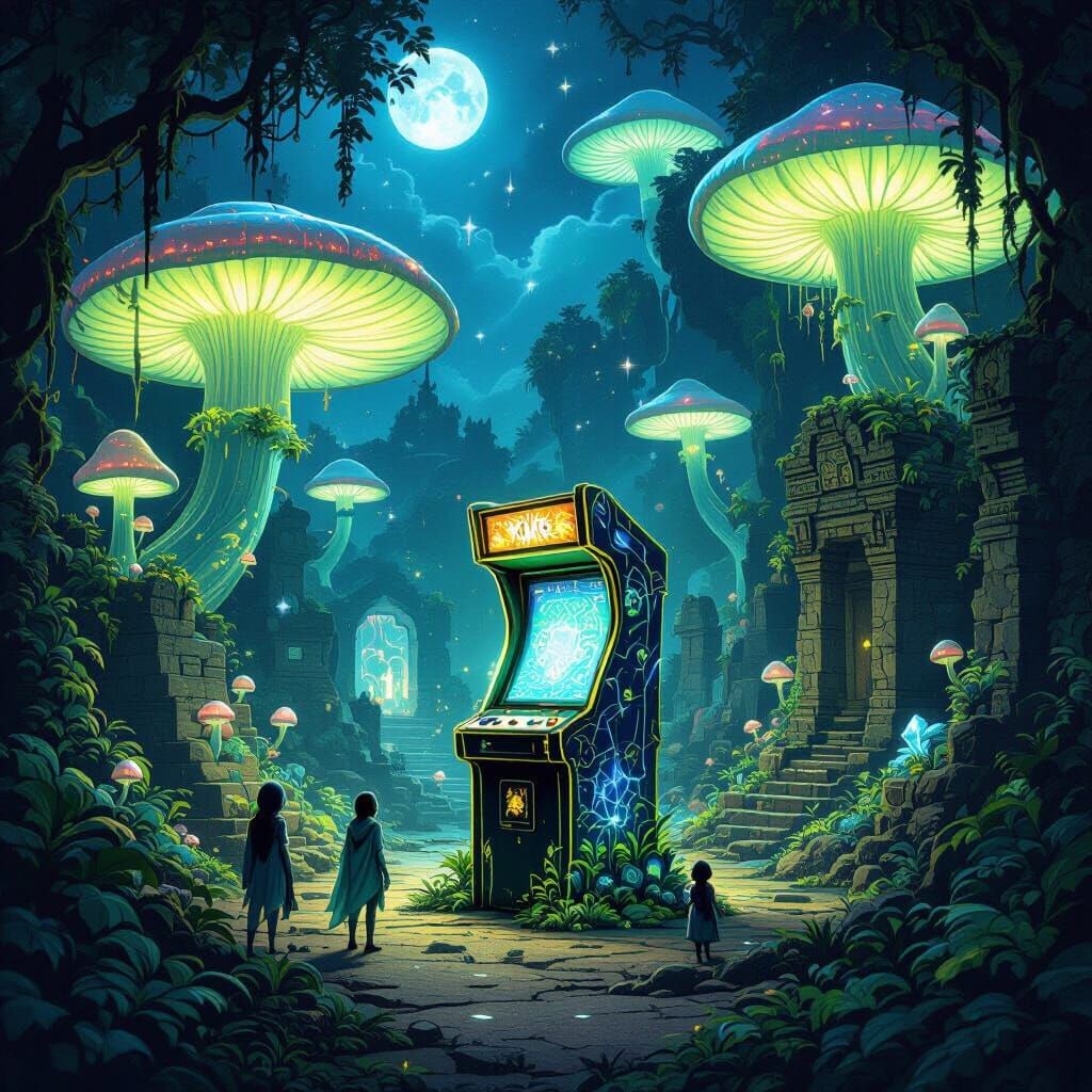 Enchanted Bioluminescent Jungle with Glowing Mushrooms and R...