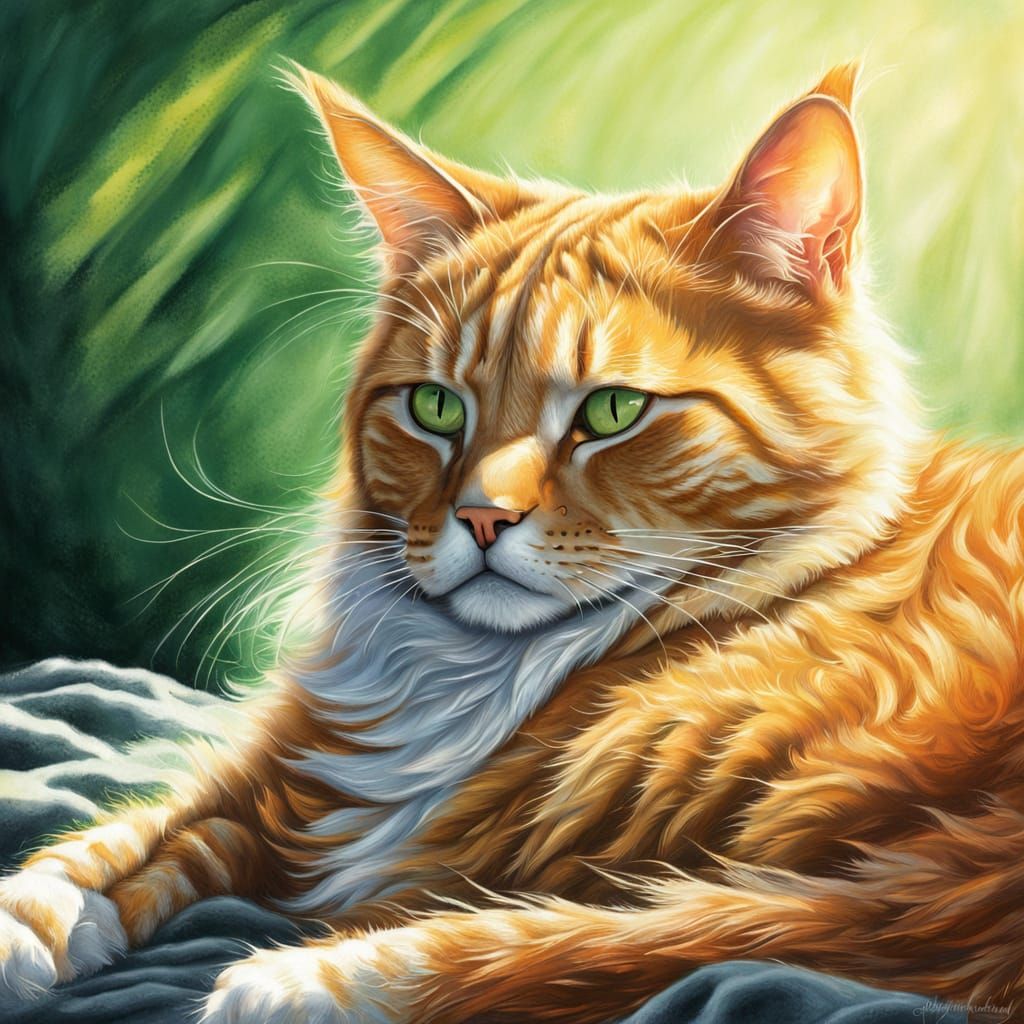 Serene Ginger Cat in Sunlight: Charcoal Drawing