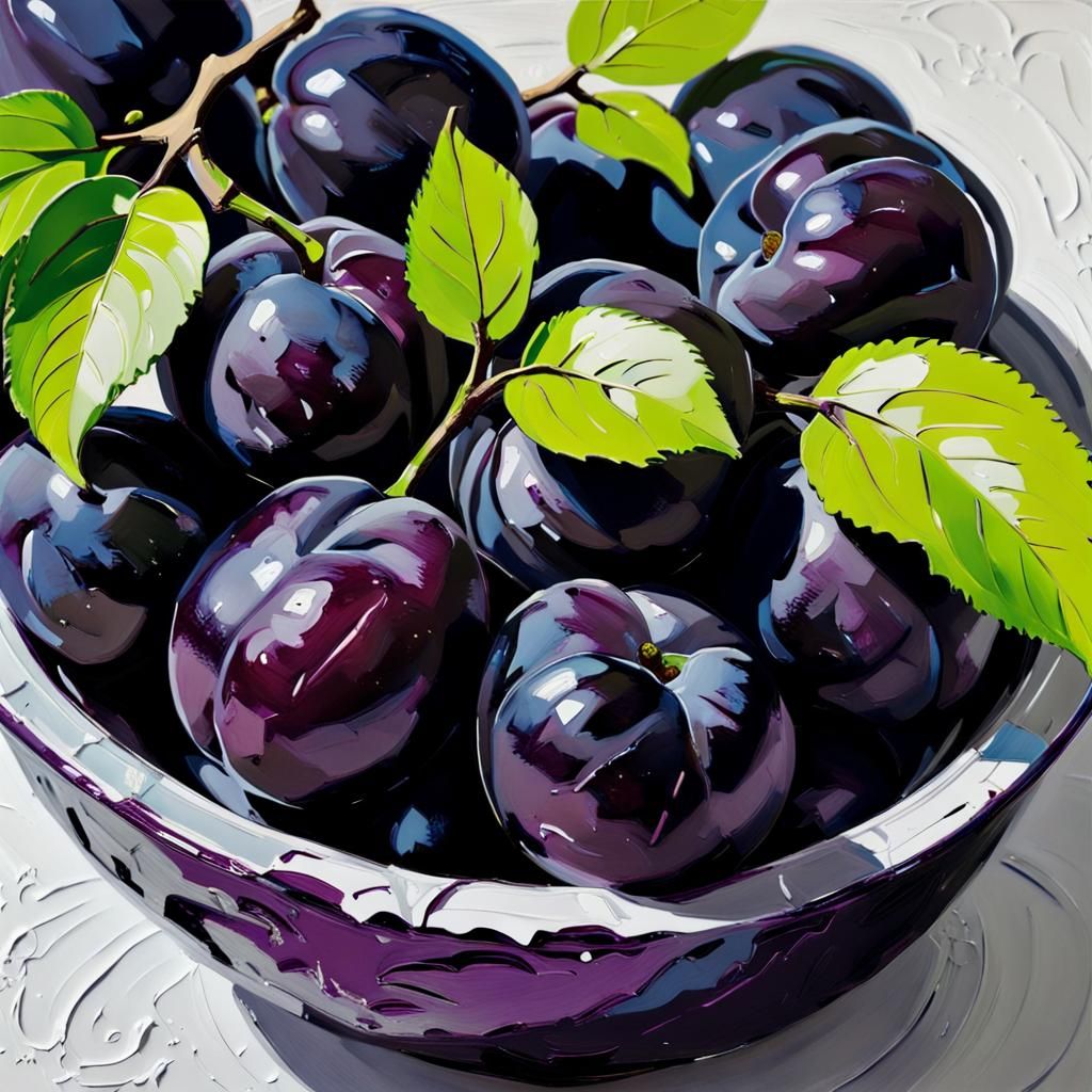 Glossy Plums and Neon Leaves: Impasto Painting