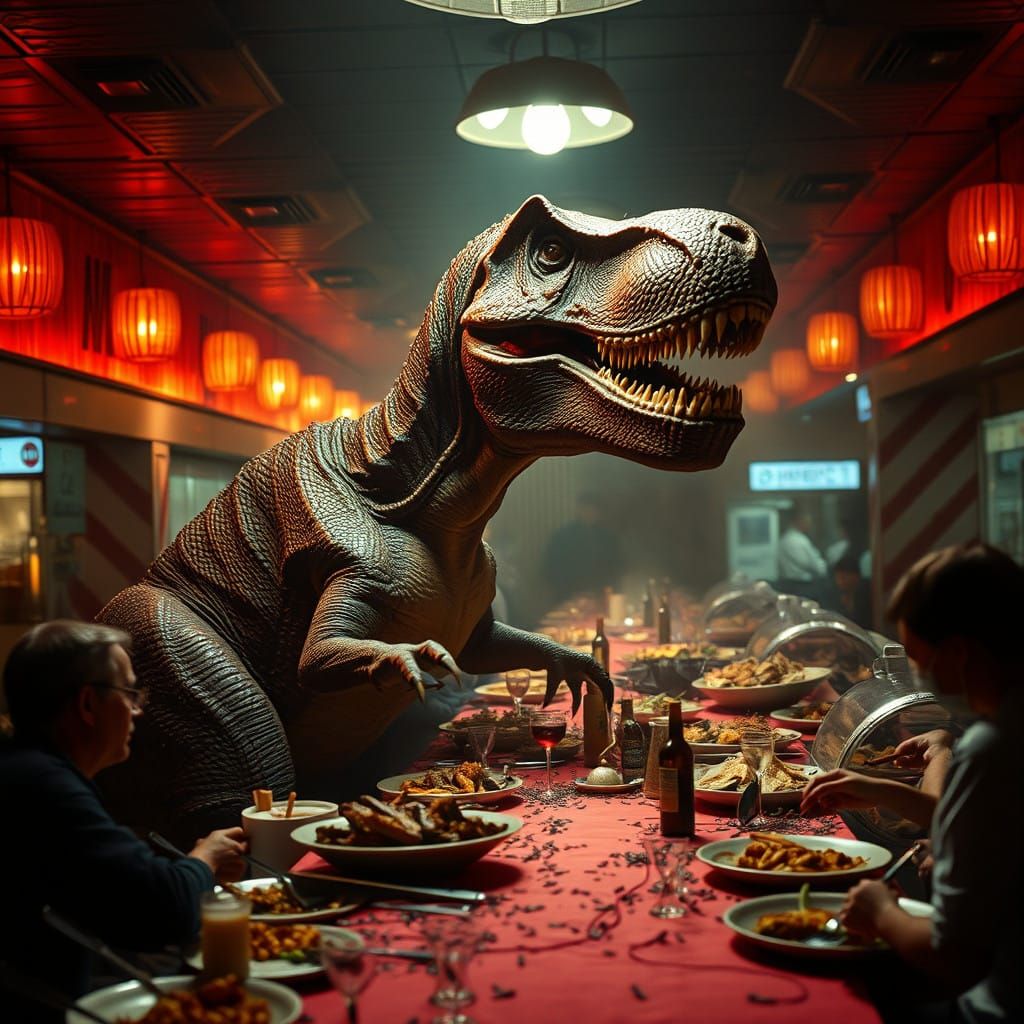 Tyrannosaurus Rex Reigns at Gourmet Buffet in Cinematic Styl...