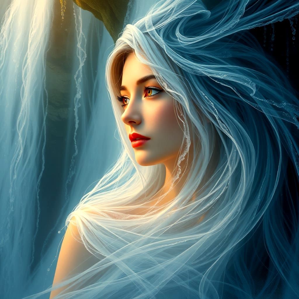 Waterfall Woman: Double Exposure Portrait in Art Nouveau Sty...