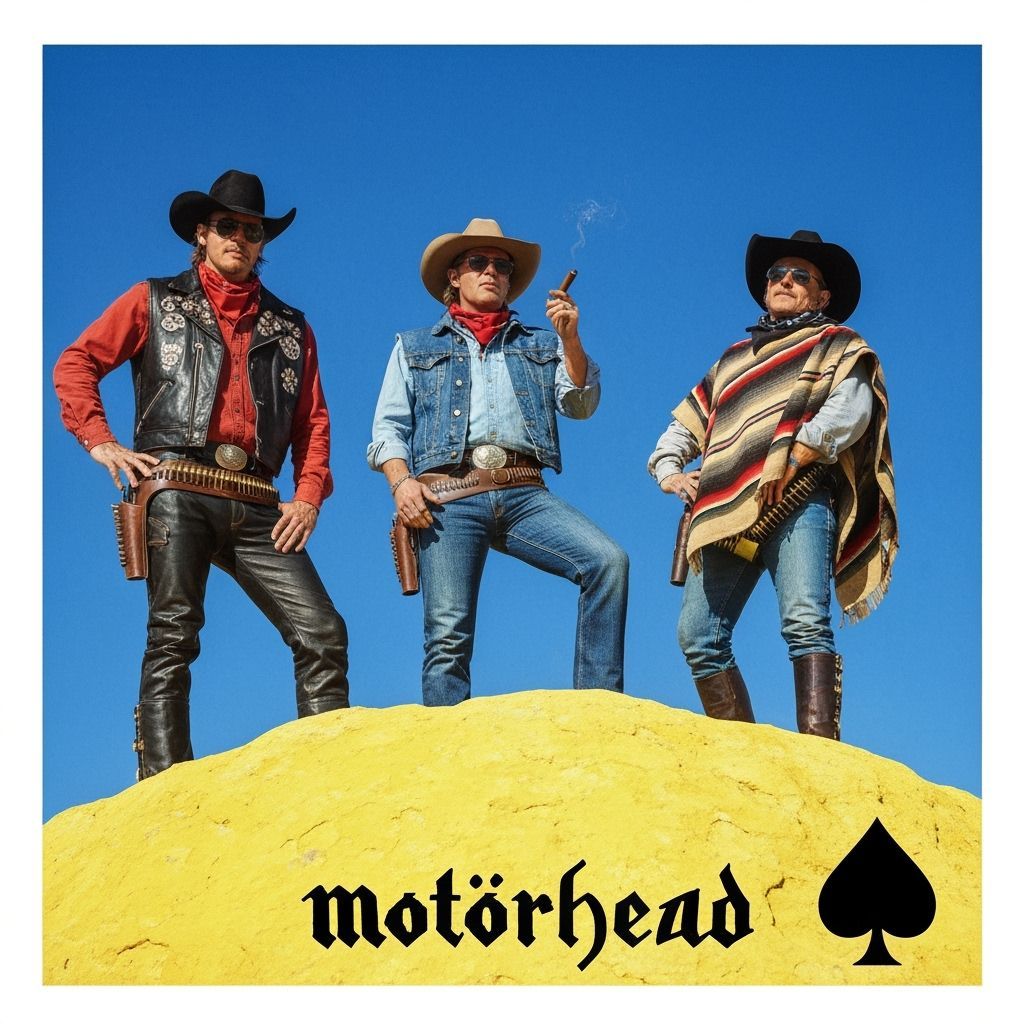 Cowboys in Leather Jackets and Denim Vests on Yellow Rock