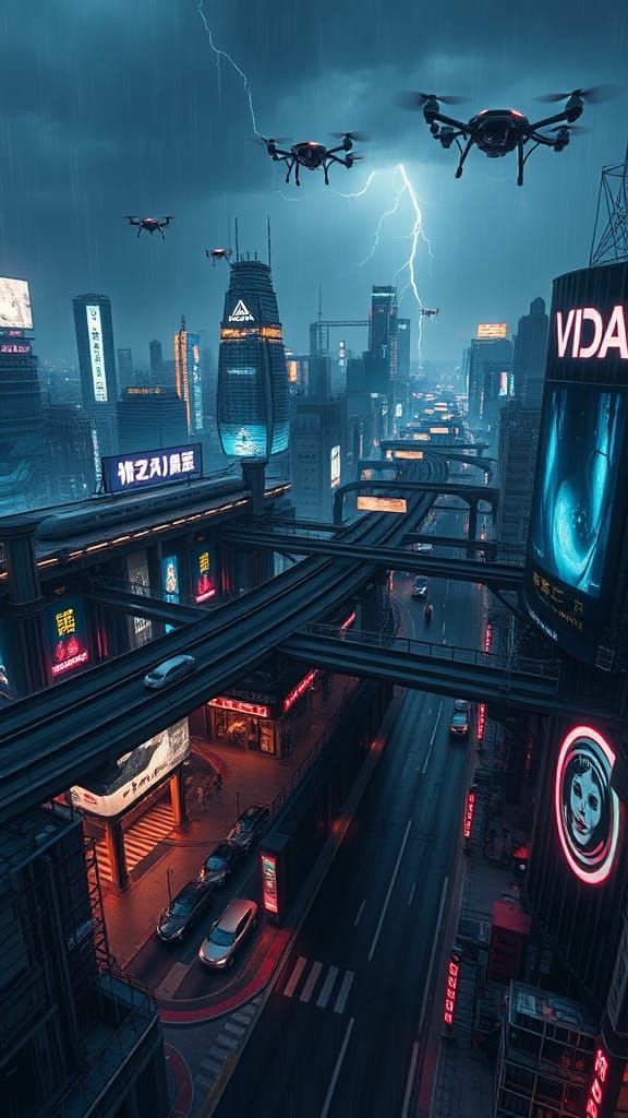 Surreal Cyberpunk Metropolis at Night with Neon Lights and H...