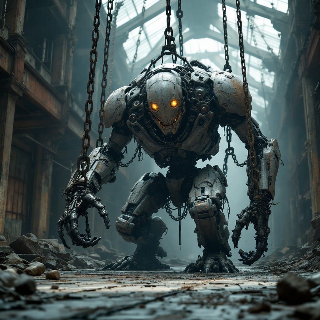 Eerie Rusted Robot Monster in Abandoned Factory