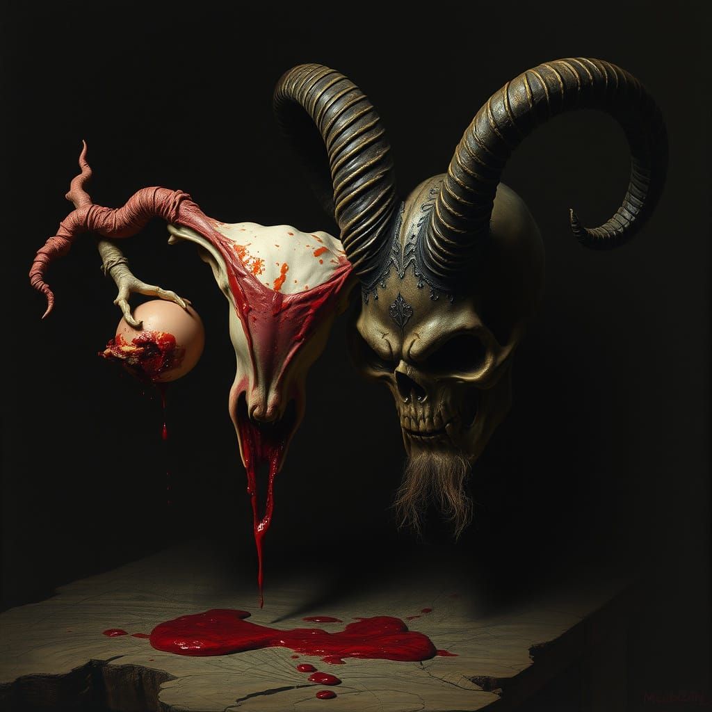 Dark Baphomet Figure Confronts a Bloody Anatomic Uterus