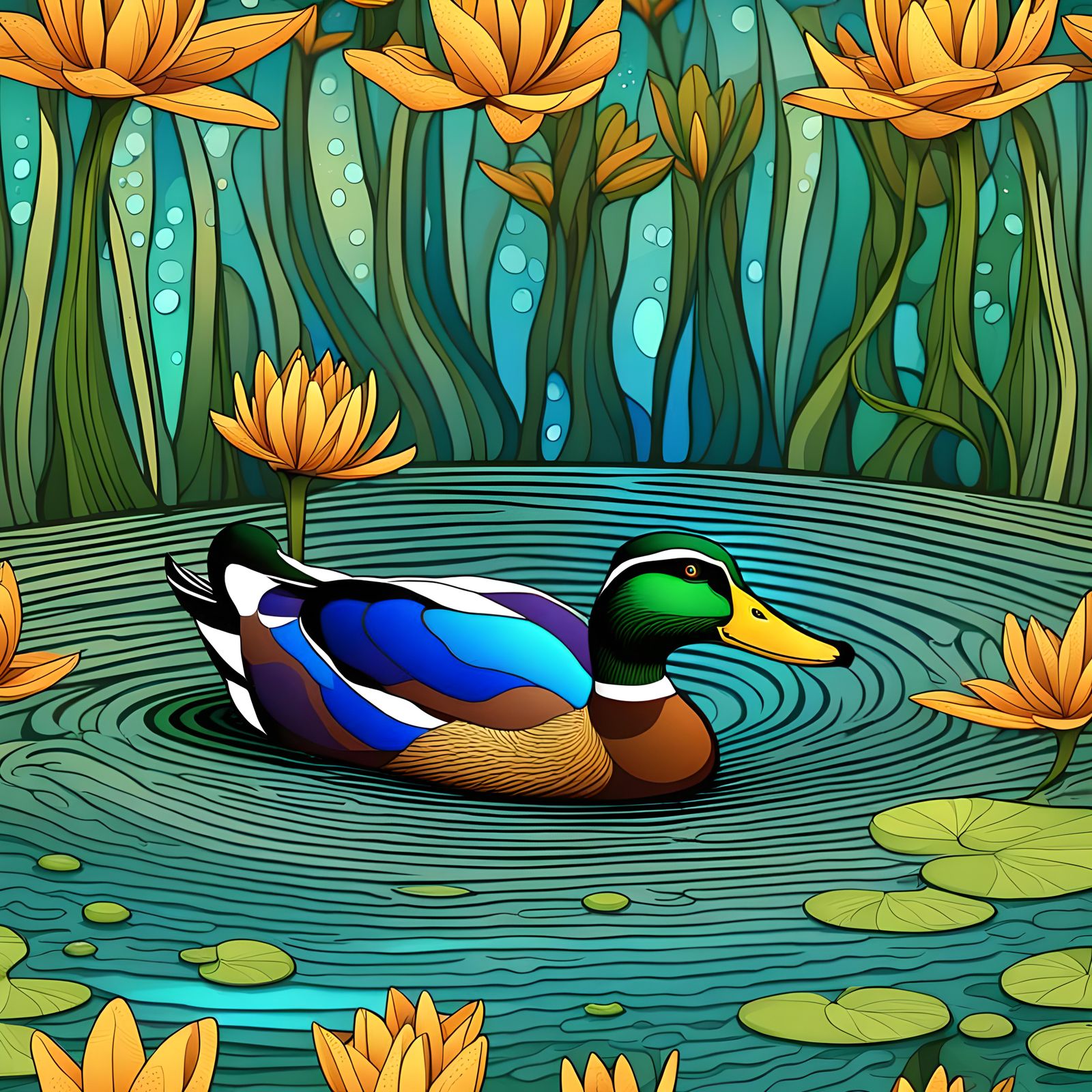 Colorful Mallard Duck in River with Lilies