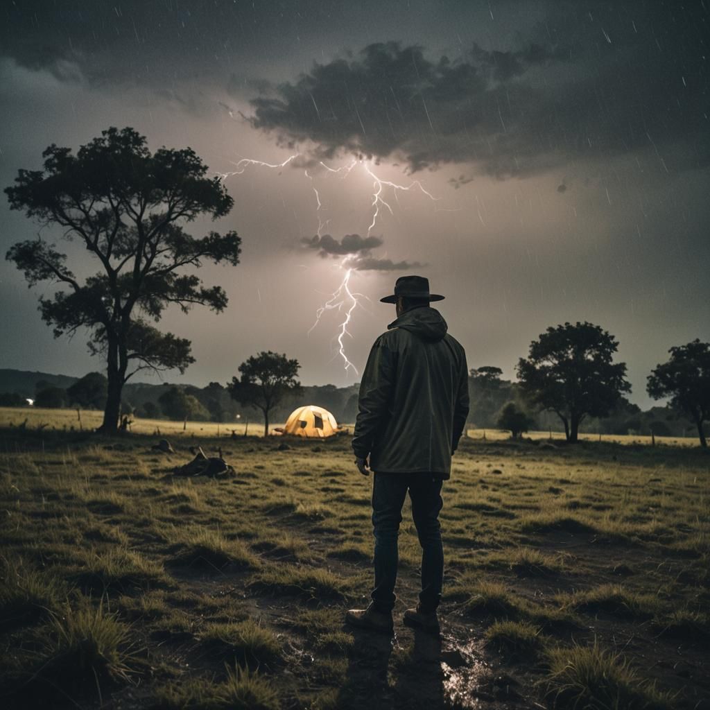 Rainy Night Field Illuminated by Soft Lights