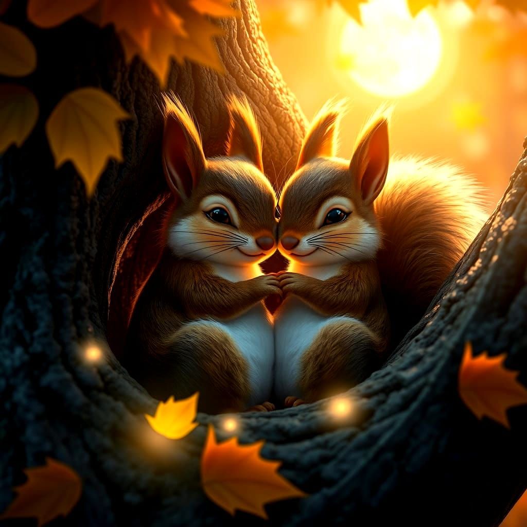 Squirrels Cuddle in Cozy Tree Hole at Twilight