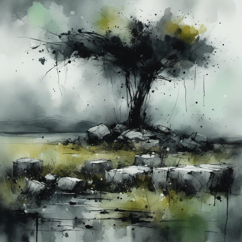 Charcoal Landscape of Poulnabrone Dolmen in Spring