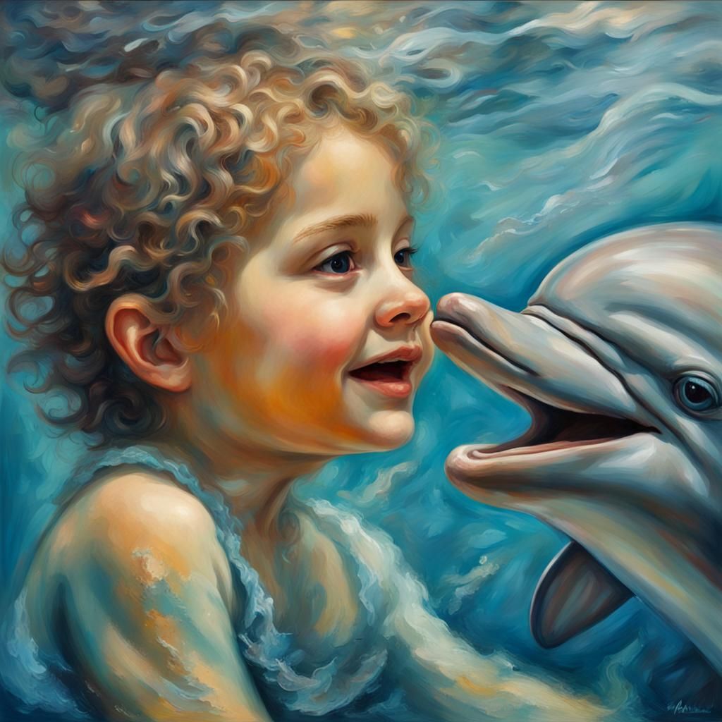 Underwater Child and Dolphin Renaissance Painting