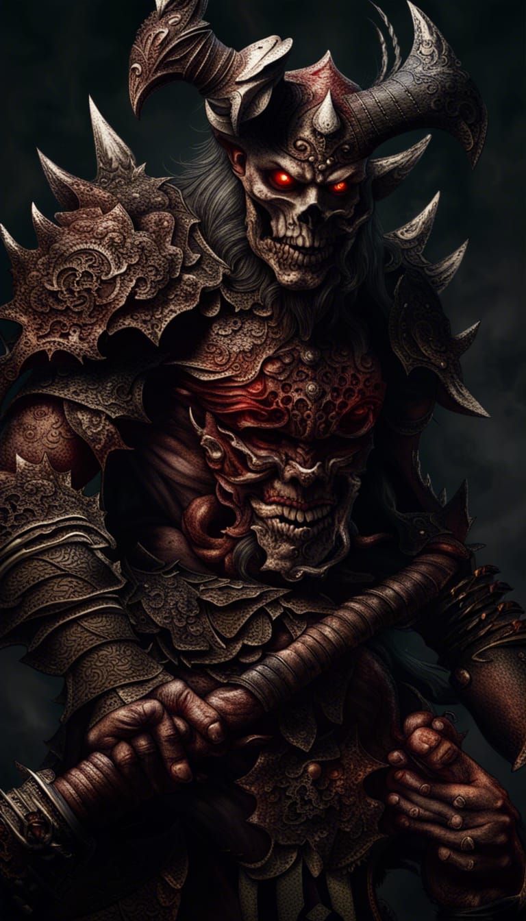 Demon warrior wearing armor made out of his first kill