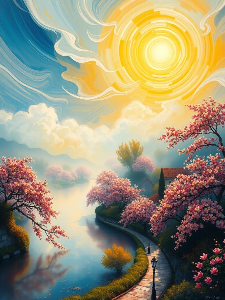 Serene Misty Village Lagoon in Vibrant Colors