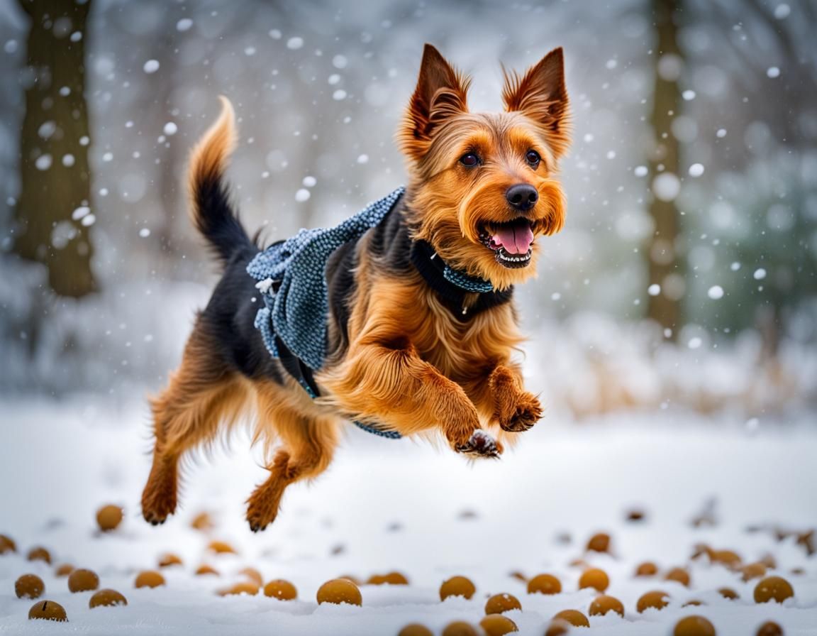Joyful Terrier Leaping in Snowy Park, Wildlife Photography