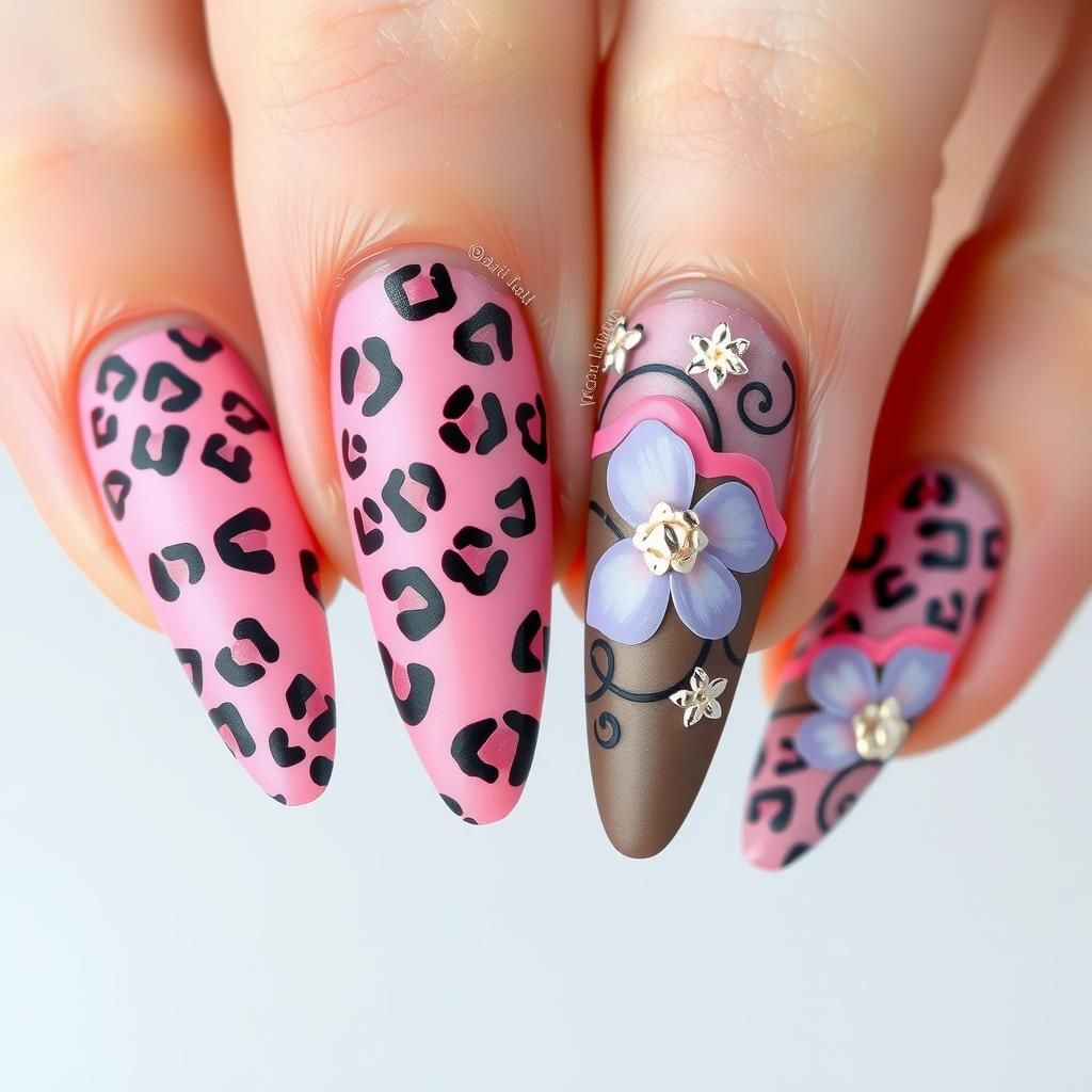 Cheetah Print Nail Art with Pastel Flowers