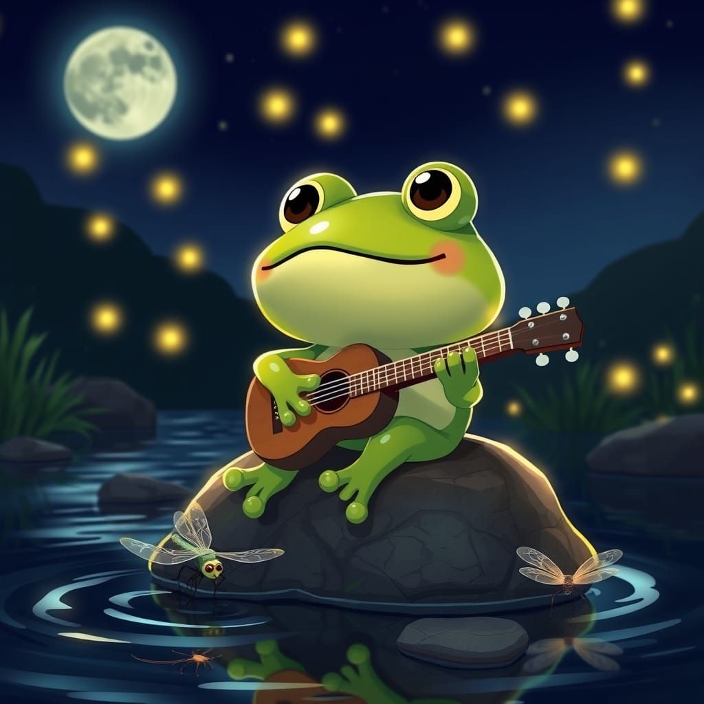 A Chibi Frog Serenades Under the Moonlit Night