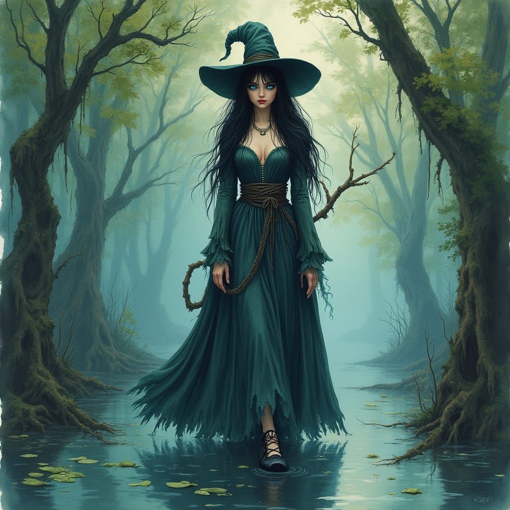 Swamp Witch Watercolor Illustration in Retro Impressionist S...