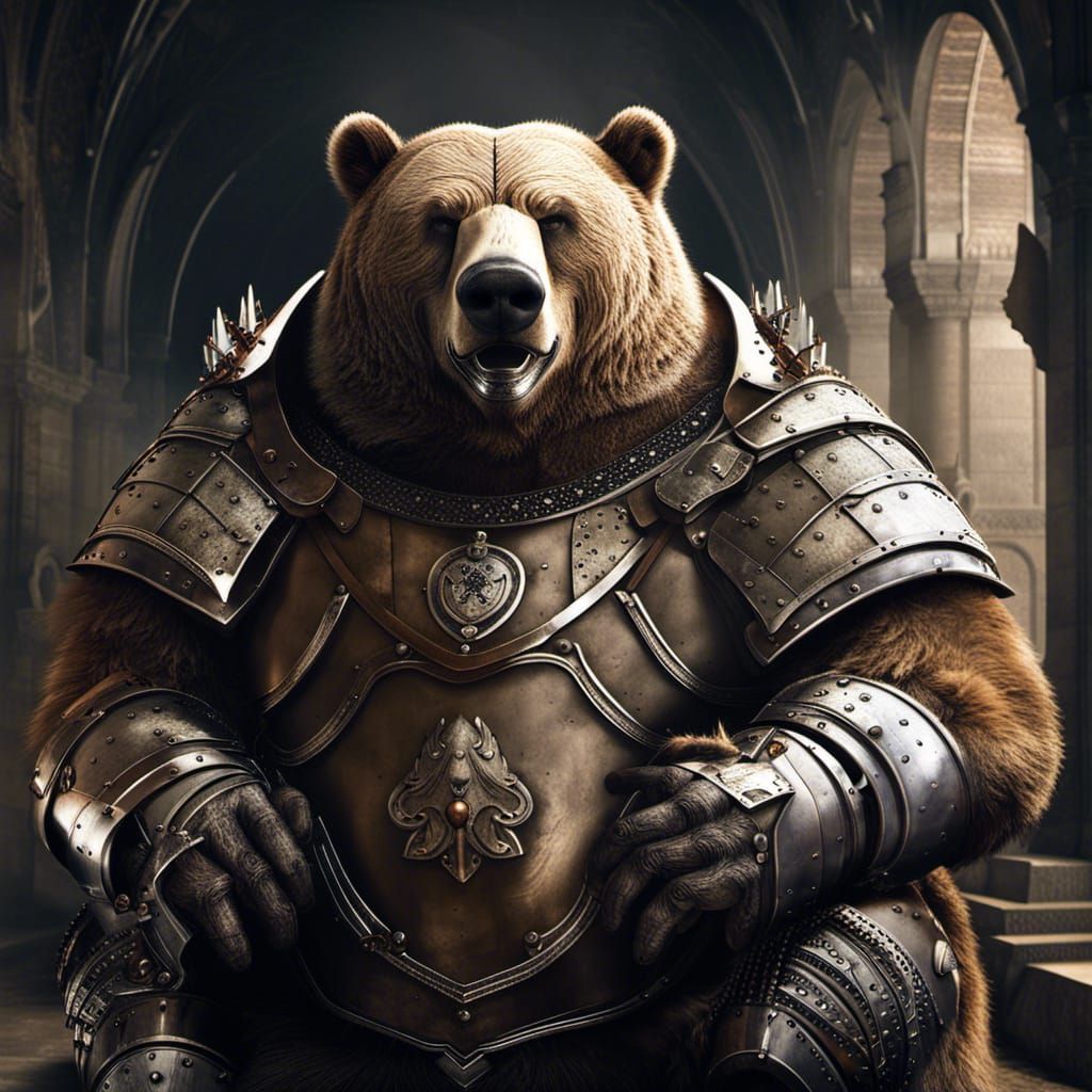 Armored Grizzly Bear in Medieval Setting: 3D Render