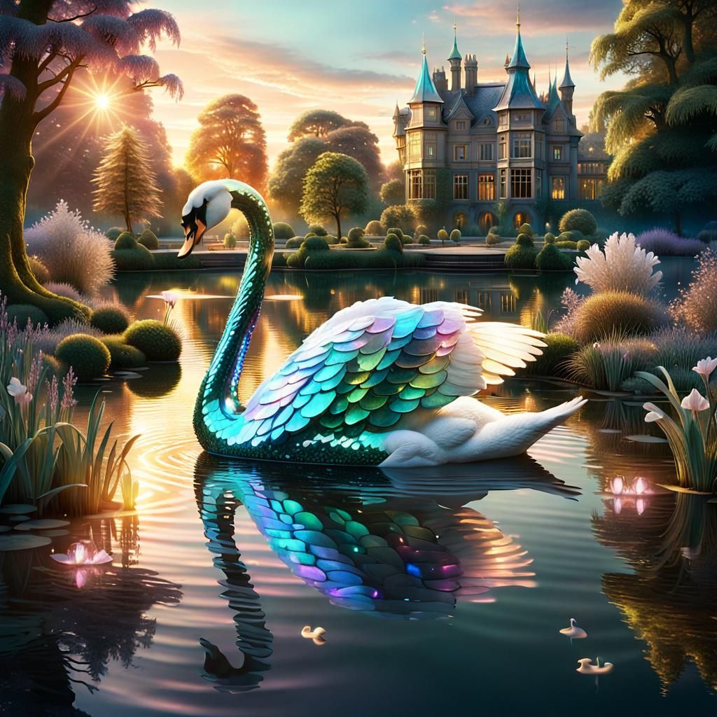 Iridescent Crystal Swan in Enchanted Park at Sunset