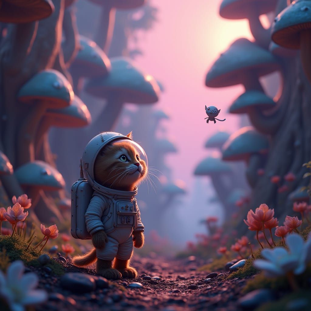 Cosmic Wonder: Whiskered Cat Astronaut Meets Glowing Mushroo...