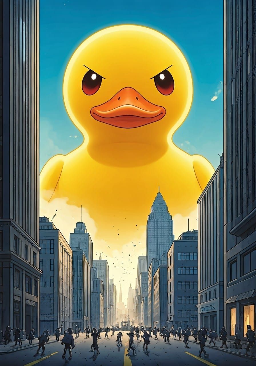 Giant Rubber Duck Attacks City: Cartoon Style