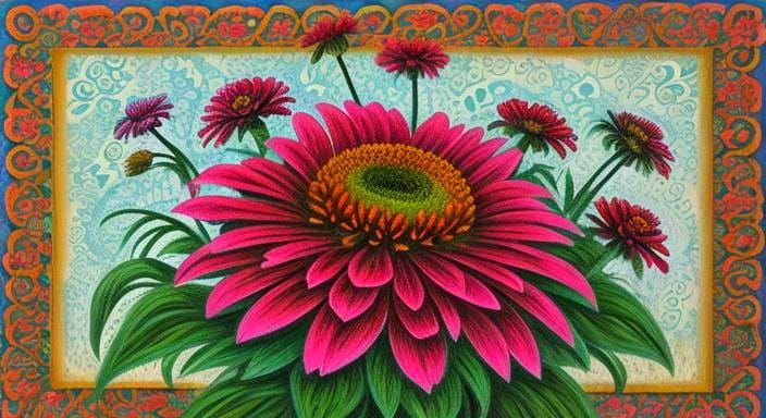 Rusty Robot with Zinnias in Oil Gouache Style