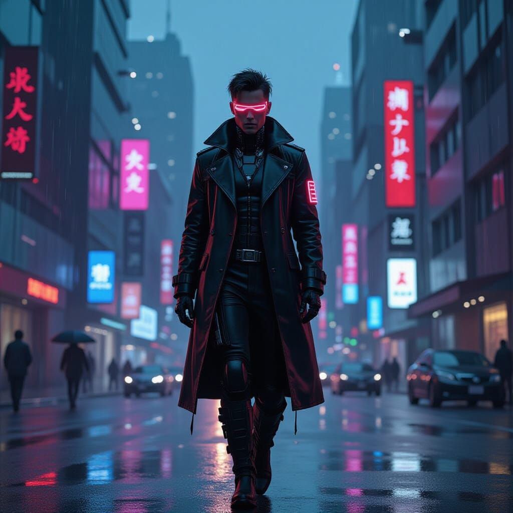 Cyborg Samurai in Rainy Neo Tokyo: Cyberpunk Aesthetic