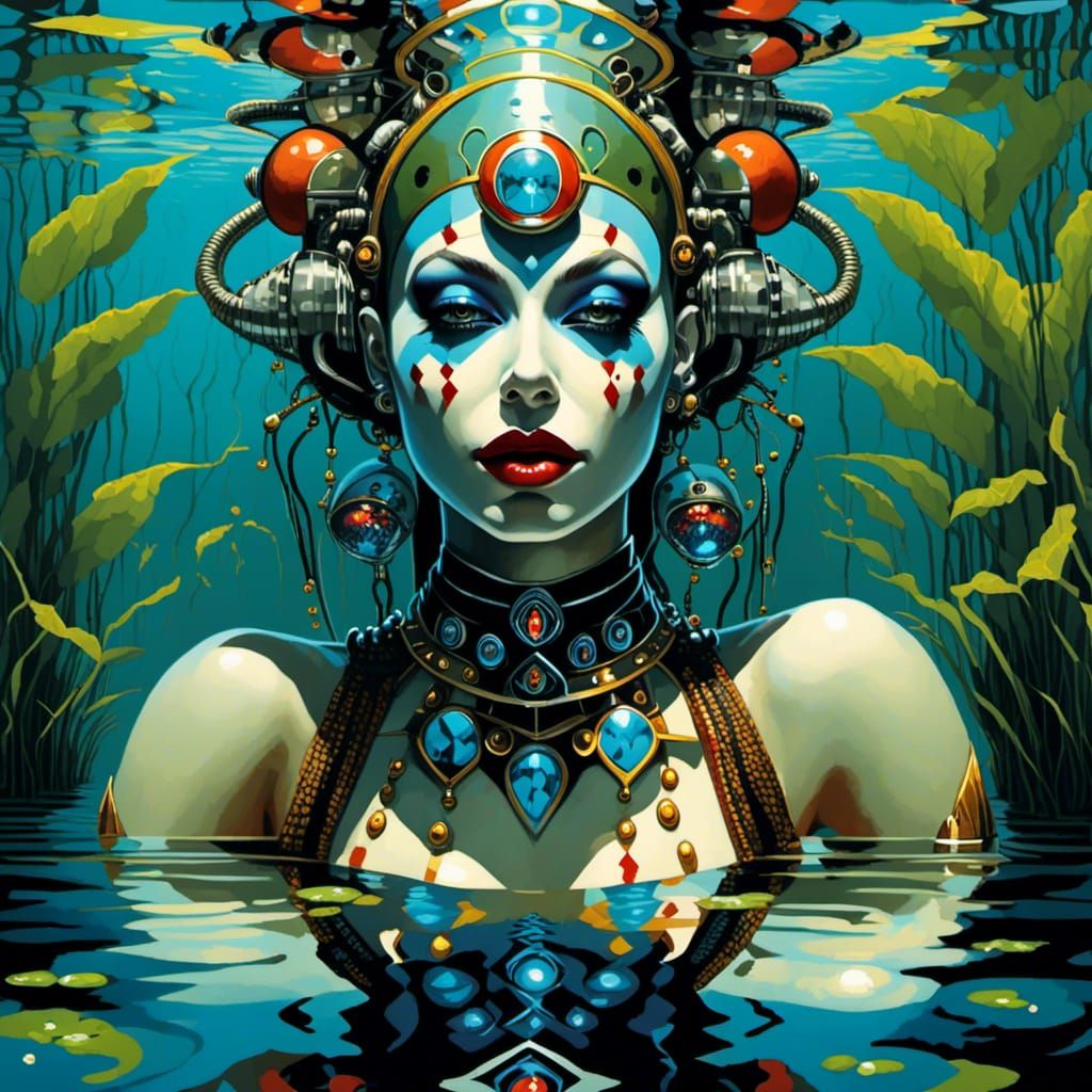 Cyborg Woman in Swamp: Harlequin Aesthetic