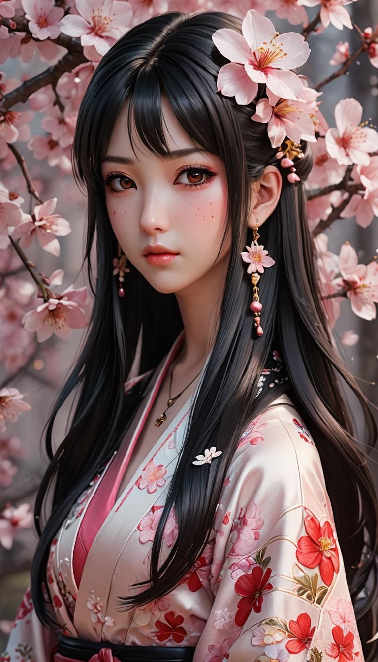 Tifa Lockhart in Floral Kimono, 3D Anime Portrait