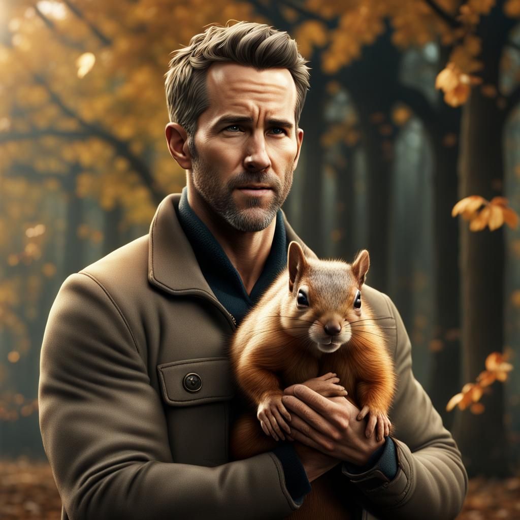 Ryan Reynolds and Squirrel: Hyperrealistic Detailed Painting