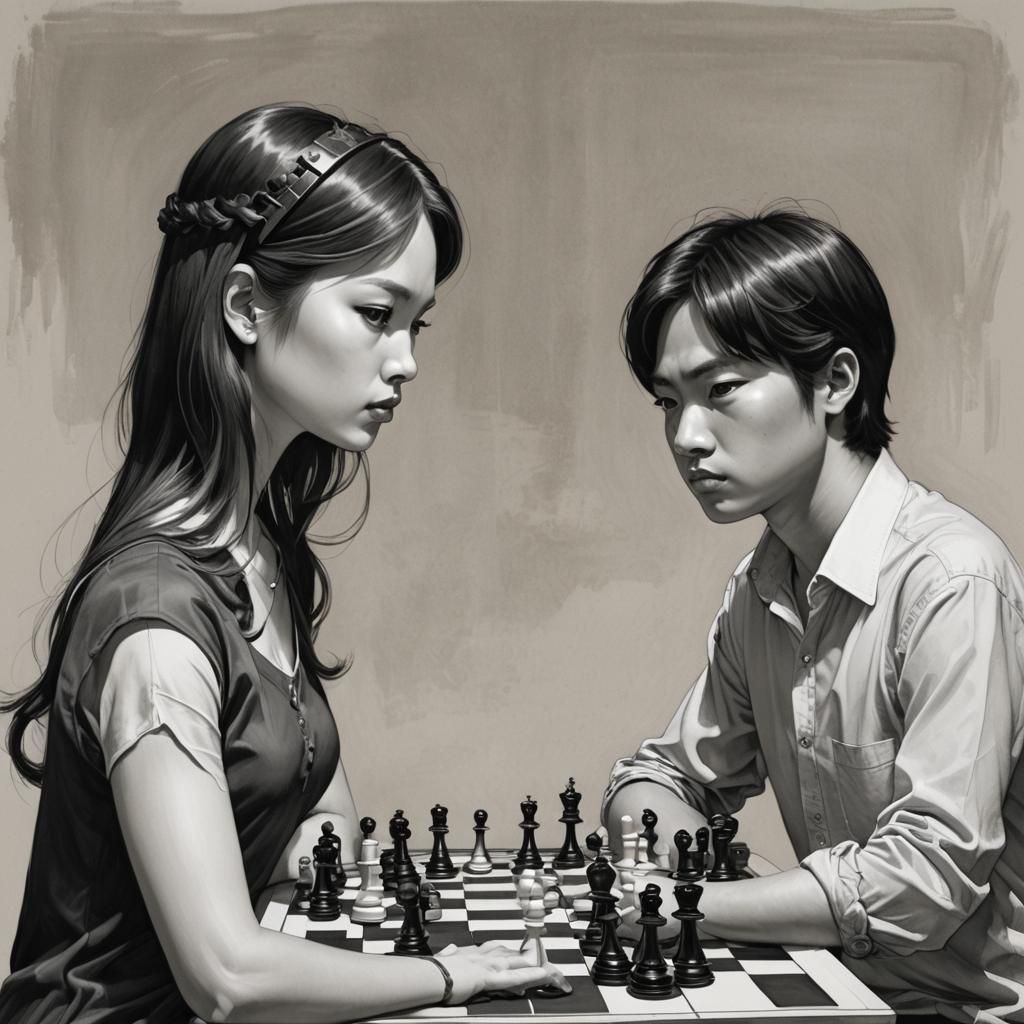 Boy and Girl Play Chess in Frank Cho Style