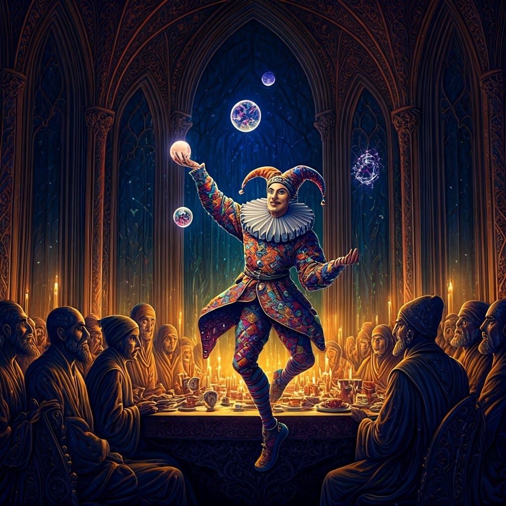Mystical Jester in Vibrant Astral Palace