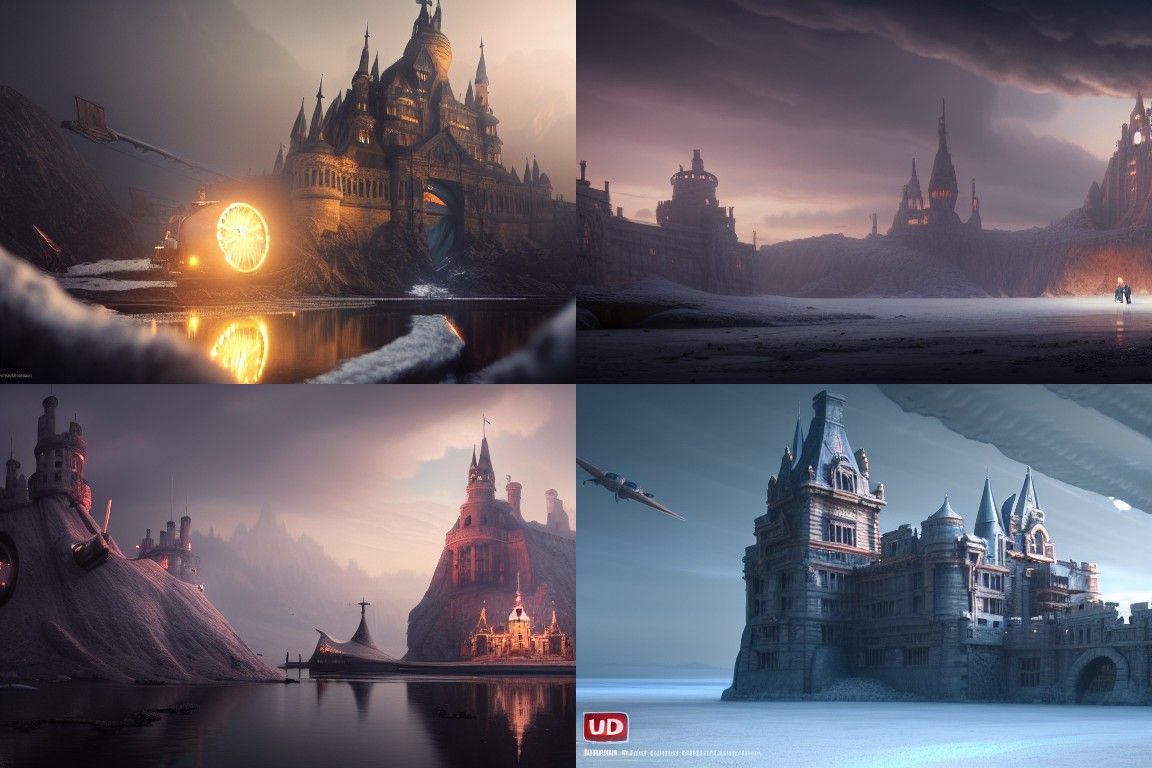 Flying Island Castle in Dieselpunk Steampunk Style