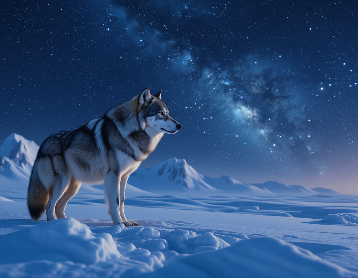 Siberian Wolf in Starry Taiga Landscape