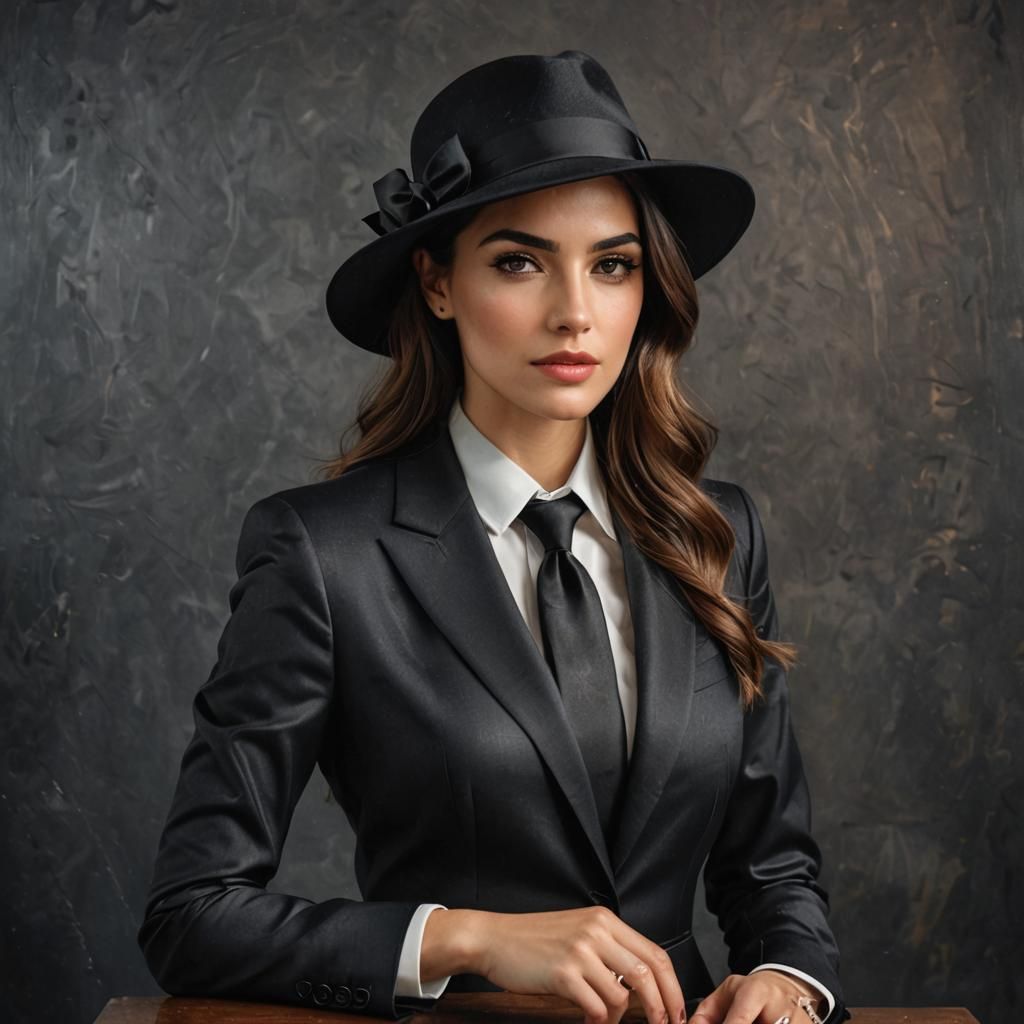 Elegant Woman in Shiny Suit and Hat