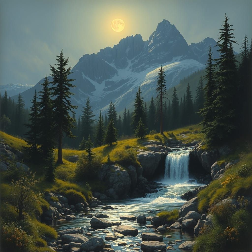 Serene Mountain Stream Under Moonlit Waterfall