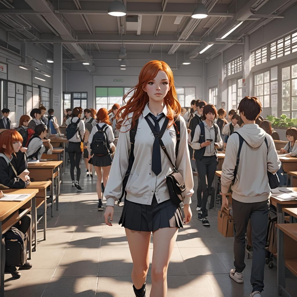 Anime-Style Ginger Girl Late to Class