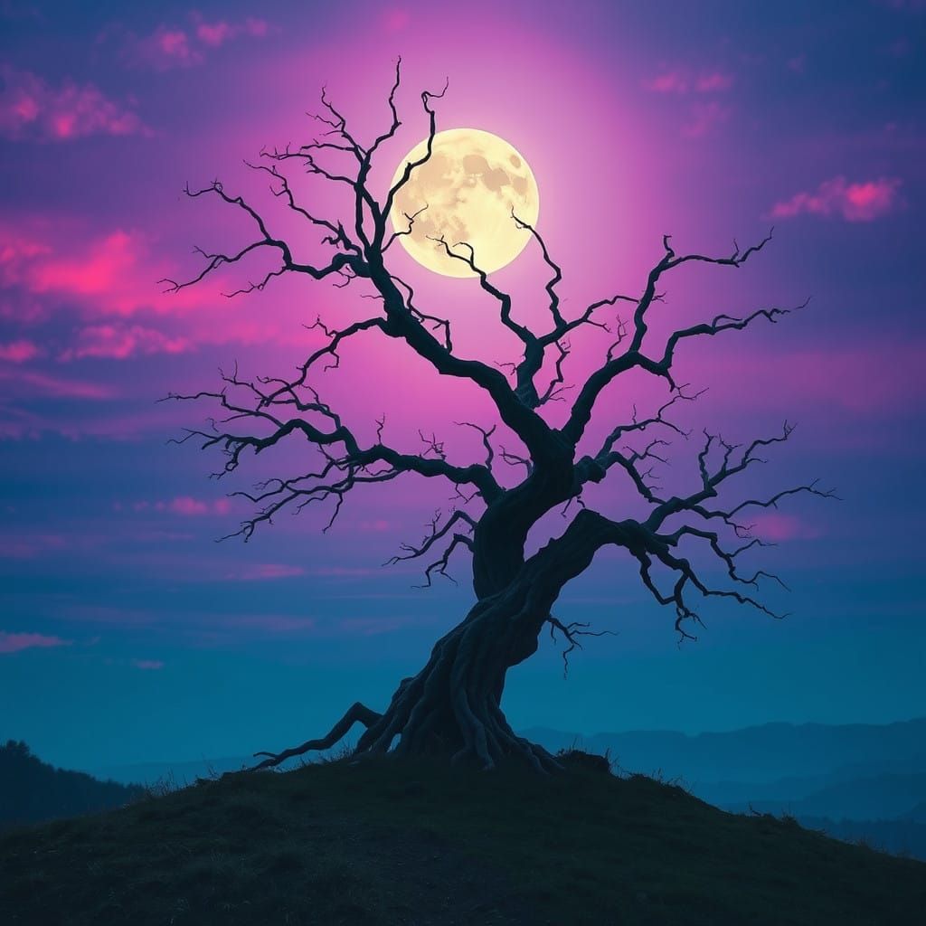 Ethereal Moonlit Tree Silhouette in a Dreamy Landscape