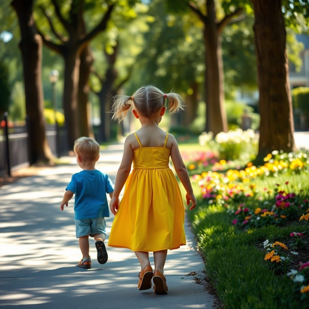 Sister Follows Brother Down a Charming Neighborhood Street