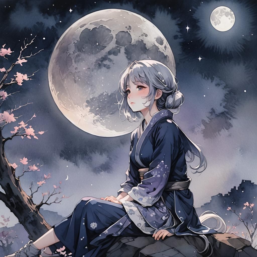 Moody Girl Under Lunar Eclipse in Anime Style