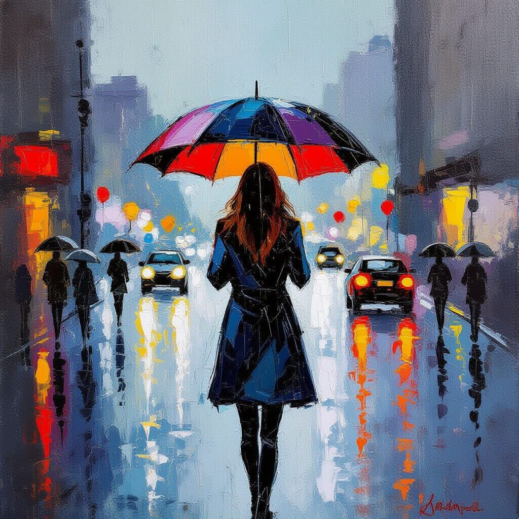 Woman in Rain: An Expressive Oil Painting