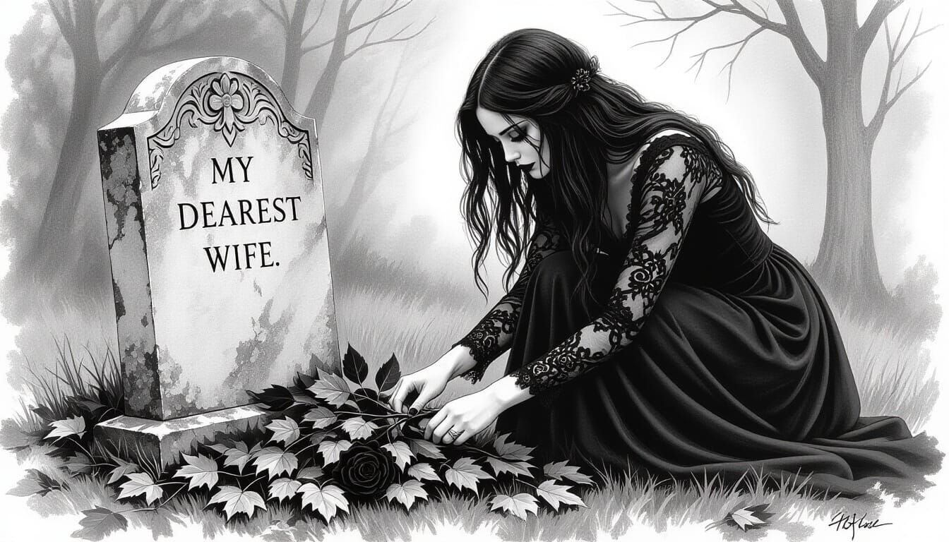 Goth Woman Tends Grave in Charcoal Drawing Style