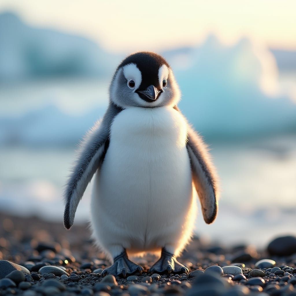 Surreal Arctic Wonderland with Fluffy Penguin