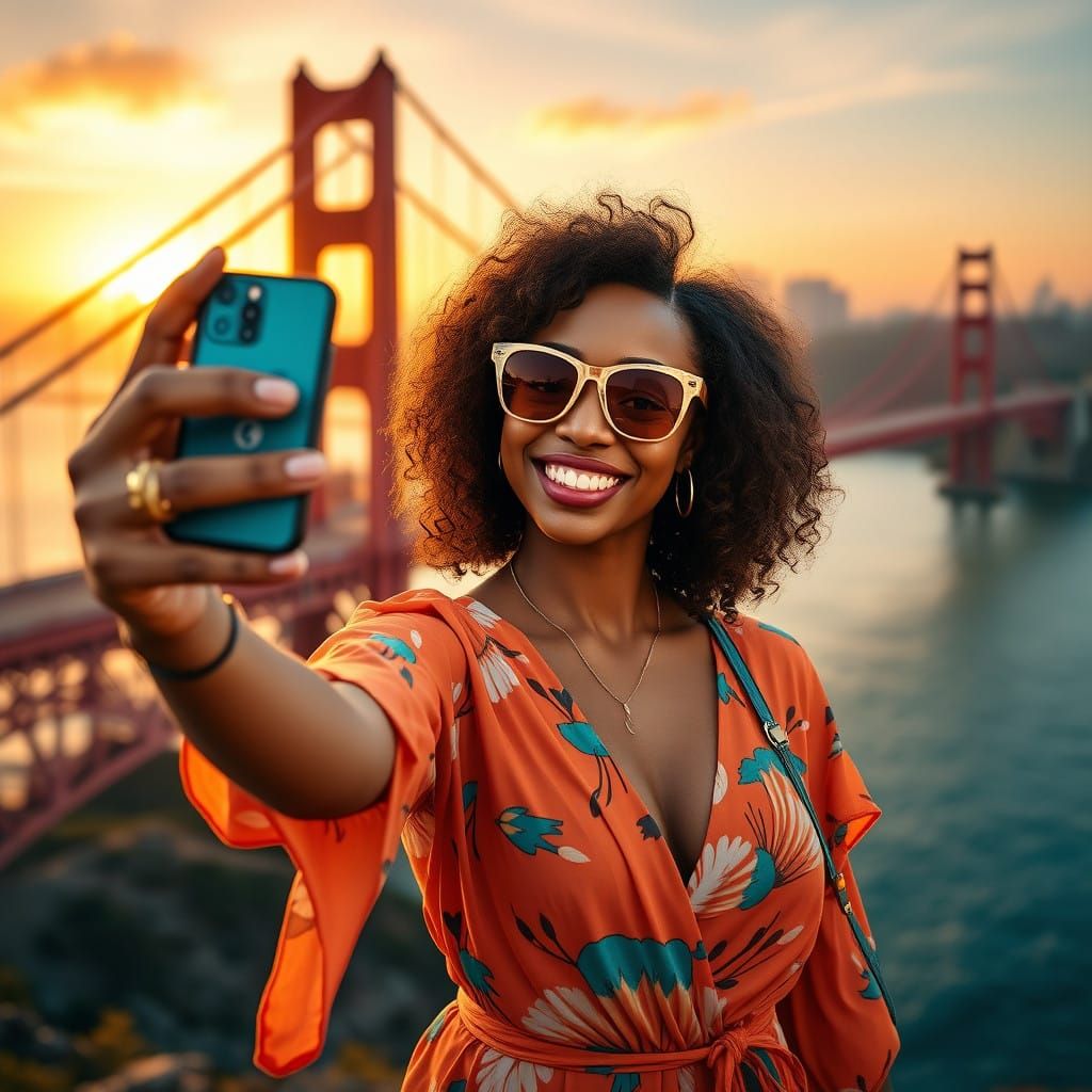 Golden Gate Bridge Selfie in Vibrant, Detailed Art