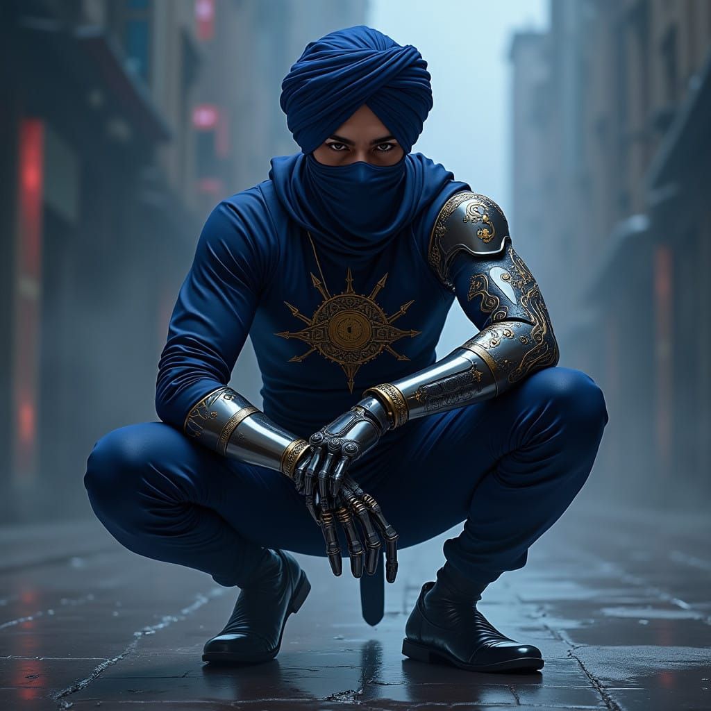 Sikh Warrior in Cyberpunk Ninja Suit with Vibranium Prosthet...