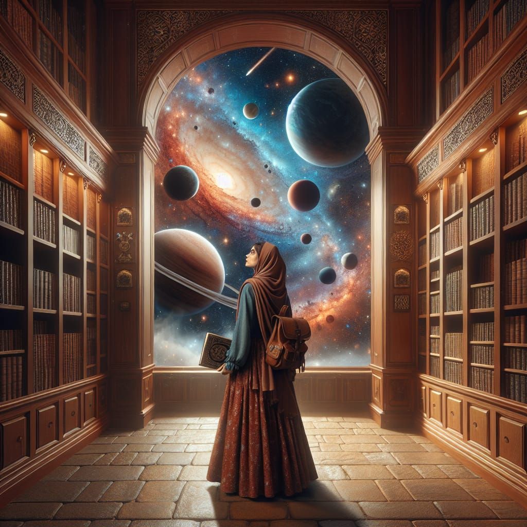 Fantasy Library: Woman Gazing at Cosmos and Planets