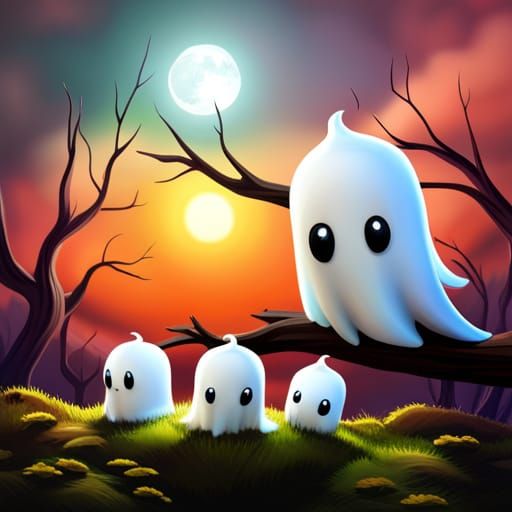 Chubby Baby Ghosts on Branch in Dark Fantasy Forest