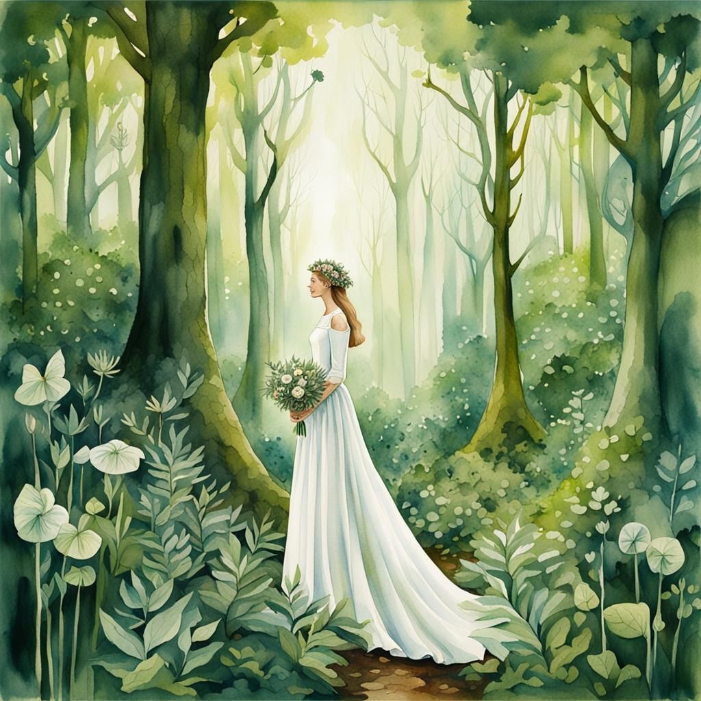 Bride in Forest: Watercolour Illustration