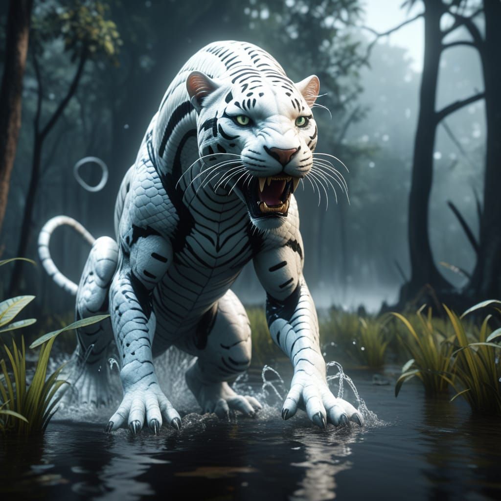 Surreal Panther Cobra Hybrid Emerges from Swamp Fog