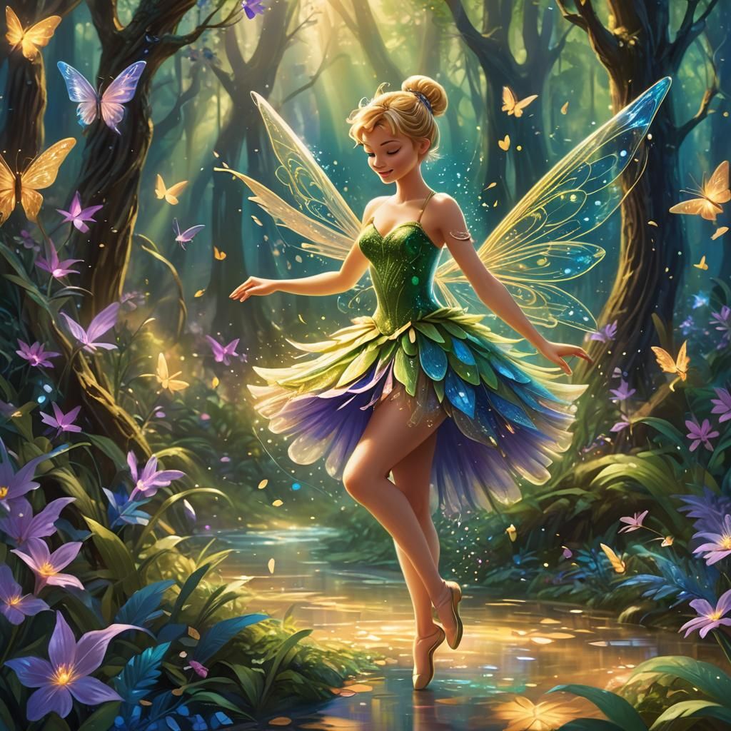 Tinker Bell Ballet in Lush Forest, Art Nouveau
