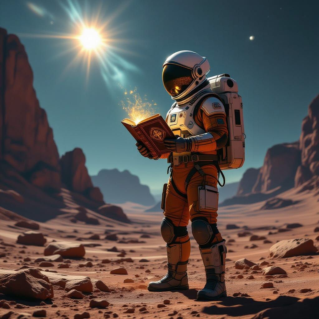Astronaut on Alien Planet Holds Glowing Tome